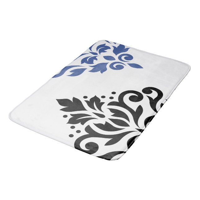 Scroll Damask Art I Black & Blue on White Bathroom Mat (Angled)