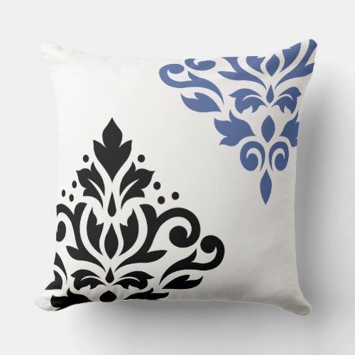 Scroll Damask Art I Black  Blue on White Throw Pillow