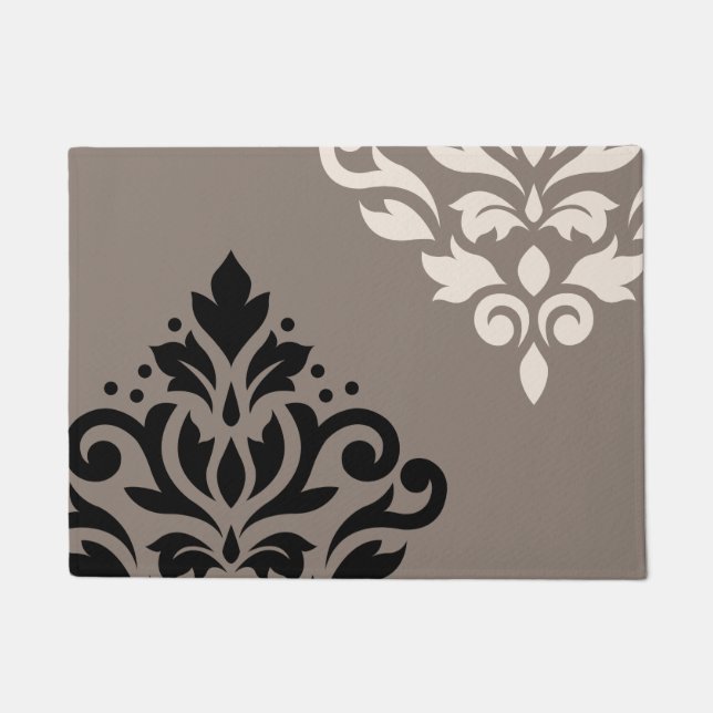 Scroll Damask Art I Black & Cream on Taupe Doormat (Front)