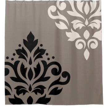 Scroll Damask Art I Black & Cream On Taupe Shower Curtain by NataliePaskellDesign at Zazzle