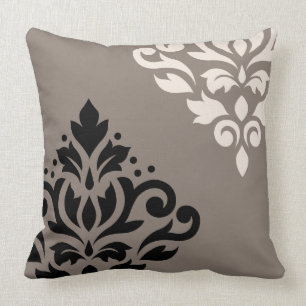 Scroll Damask Art I Black & Cream on Taupe Throw Pillow