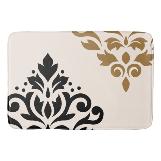 Scroll Damask Art I Black & Gold on Cream Bath Mat (Front)