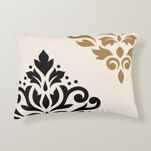 Scroll Damask Art I Black  Gold on Cream Decorative Pillow