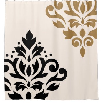 Scroll Damask Art I Black & Gold On Cream Shower Curtain by NataliePaskellDesign at Zazzle