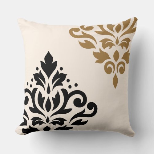 Scroll Damask Art I Black  Gold on Cream Throw Pillow