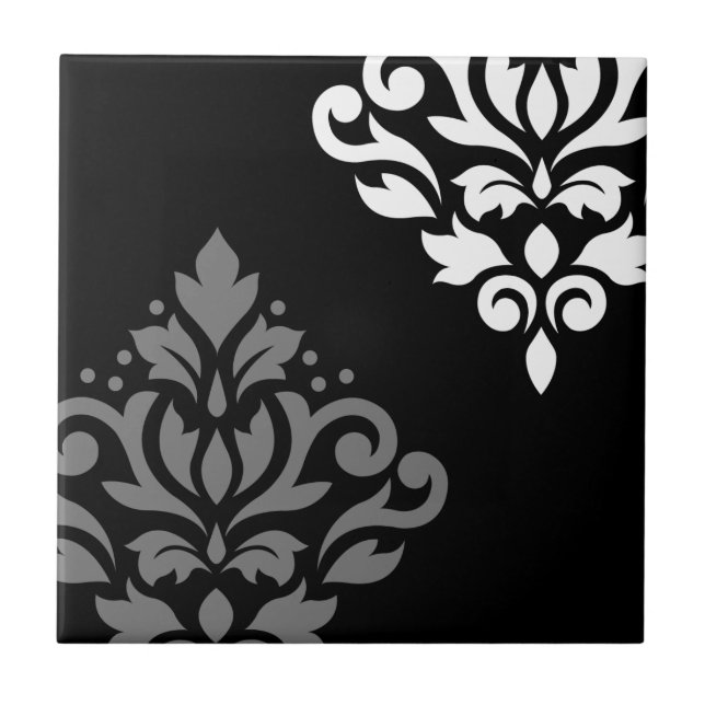Scroll Damask Art I Black Gray White Tile (Front)