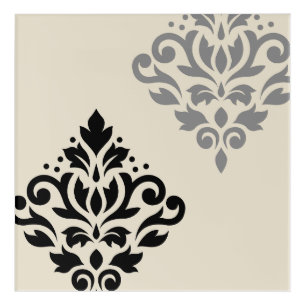 Scroll Damask Art I Black Grey Cream
