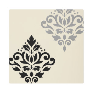 Scroll Damask Art I Black Grey Cream