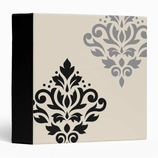 Scroll Damask Art I Black Grey Cream 3 Ring Binder (Front/Spine)