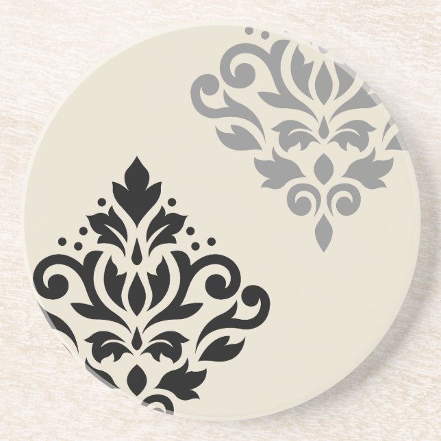 Scroll Damask Art I Black Grey Cream Coaster (Front)