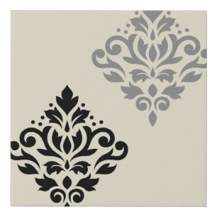 Scroll Damask Art I Black Grey Cream Faux Canvas Print