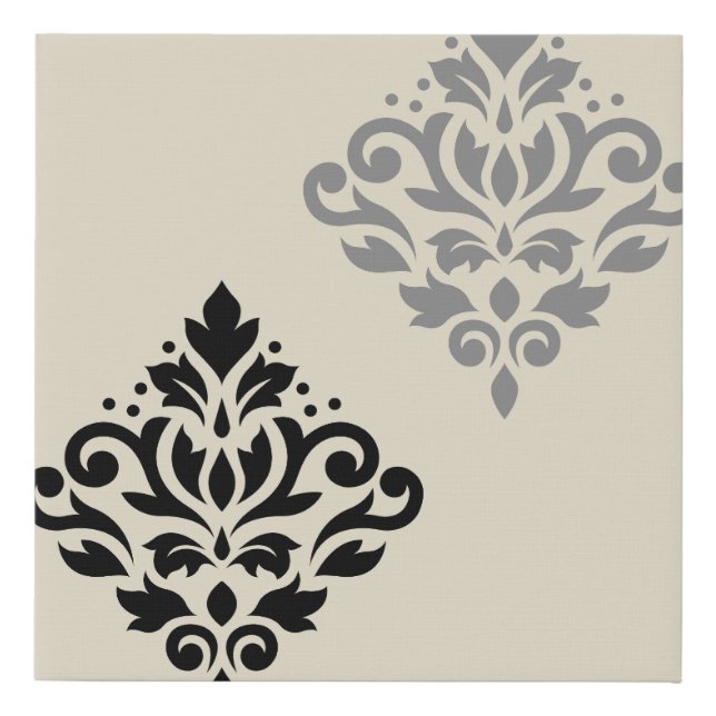 Scroll Damask Art I Black Grey Cream Faux Canvas Print (Front)