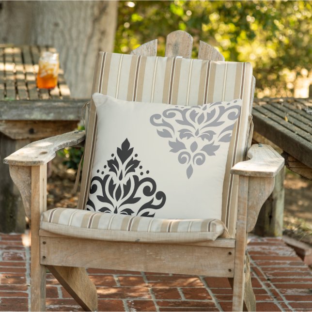 Scroll Damask Art I Black Grey Cream Outdoor Pillow (Chair)