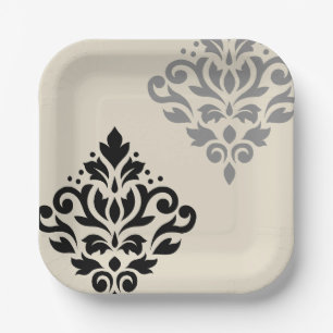 Scroll Damask Art I Black Grey Cream Paper Plates