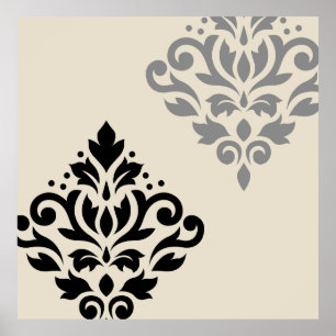 Scroll Damask Art I Black Grey Cream Poster