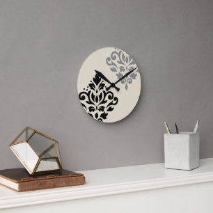 Scroll Damask Art I Black Grey Cream Round Clock
