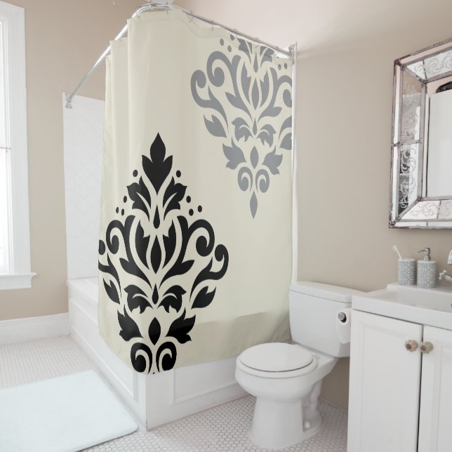 Scroll Damask Art I Black Grey Cream Shower Curtain (In Situ)