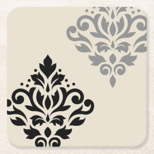 Scroll Damask Art I Black Grey Cream Square Paper Coaster
