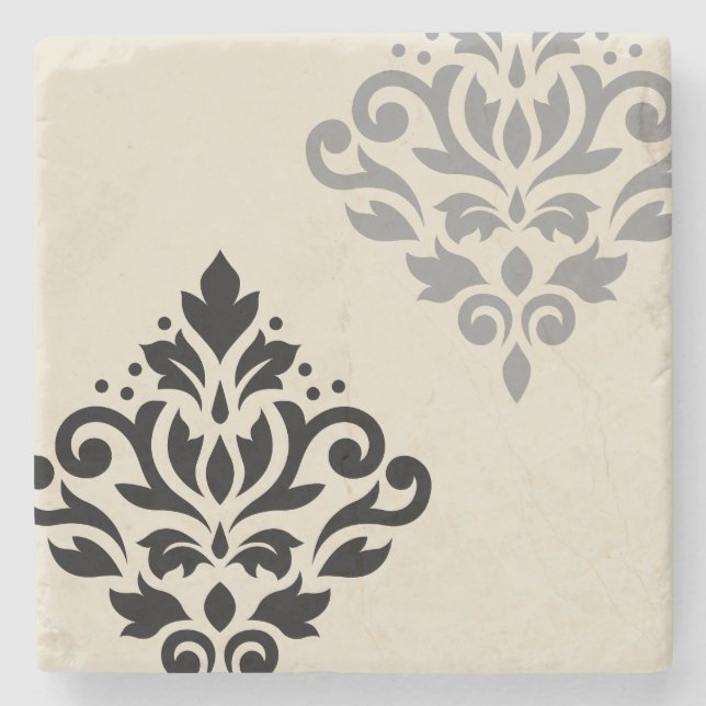 Scroll Damask Art I Black Grey Cream Stone Coaster (Front)