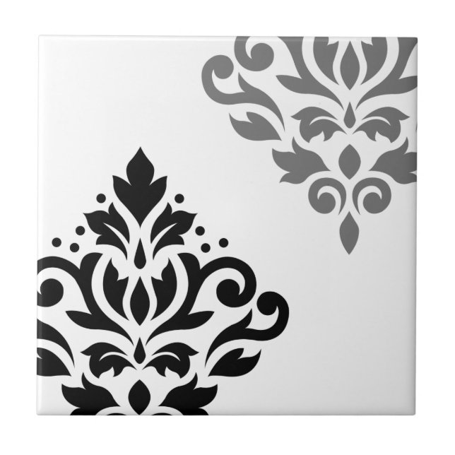 Scroll Damask Art I Black & Grey on White Ceramic Tile (Front)
