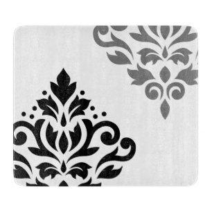 Scroll Damask Art I Black & Grey on White Cutting Board