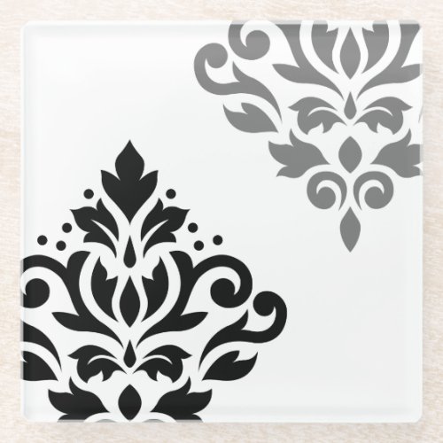 Scroll Damask Art I Black  Grey on White Glass Coaster
