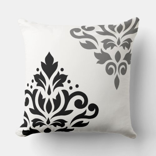 Scroll Damask Art I Black  Grey on White Throw Pillow