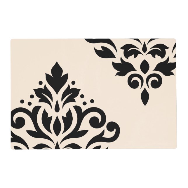 Scroll Damask Art I Black on Cream Placemat (Back)