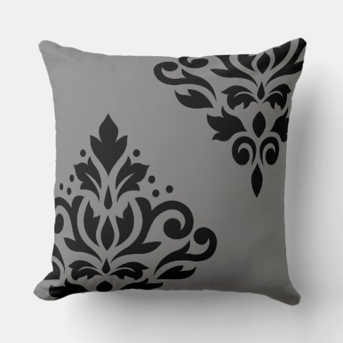 Scroll Damask Art I Black on Gray Throw Pillow