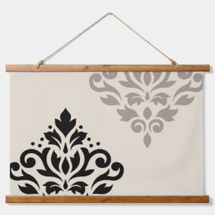 Scroll Damask Art I Black Taupe Cream Hanging Tapestry