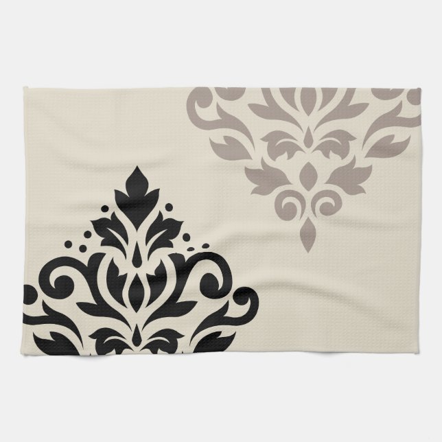 Scroll Damask Art I Black Taupe Cream Kitchen Towel (Horizontal)