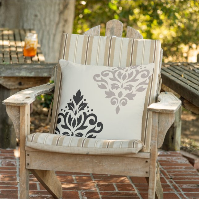 Scroll Damask Art I Black Taupe Cream Outdoor Pillow (Chair)