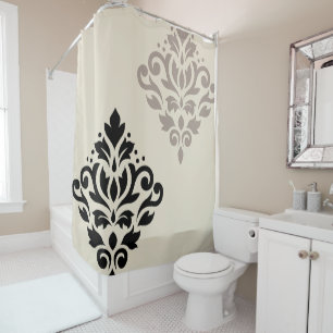 Scroll Damask Art I Black Taupe Cream Shower Curtain