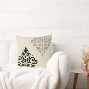 Scroll Damask Art I Black Taupe Cream Throw Pillow