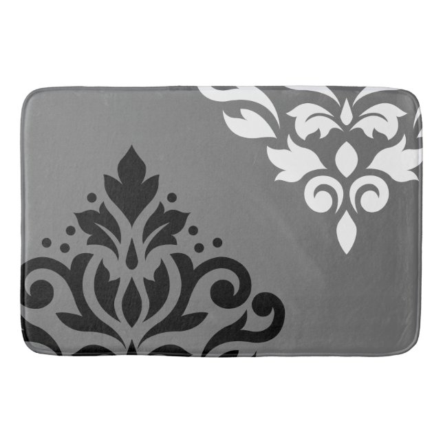 Scroll Damask Art I Black & White on Grey Bathroom Mat (Front)