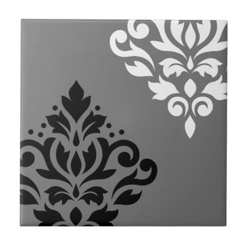 Scroll Damask Art I Black  White on Grey Ceramic Tile