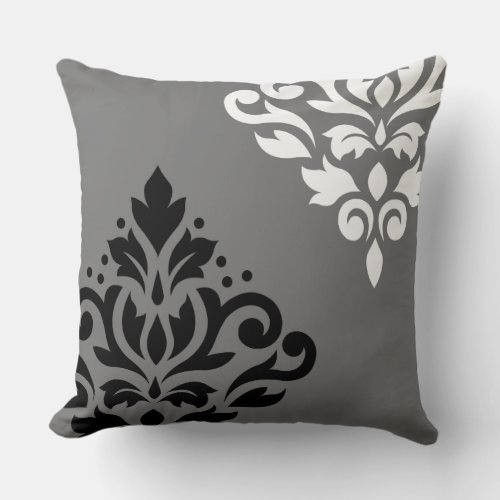 Scroll Damask Art I Black  White on Grey Throw Pillow