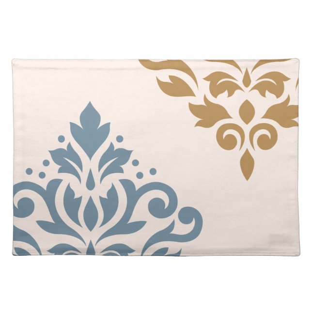 Scroll Damask Art I Blue Gold Cream Placemat (Front)