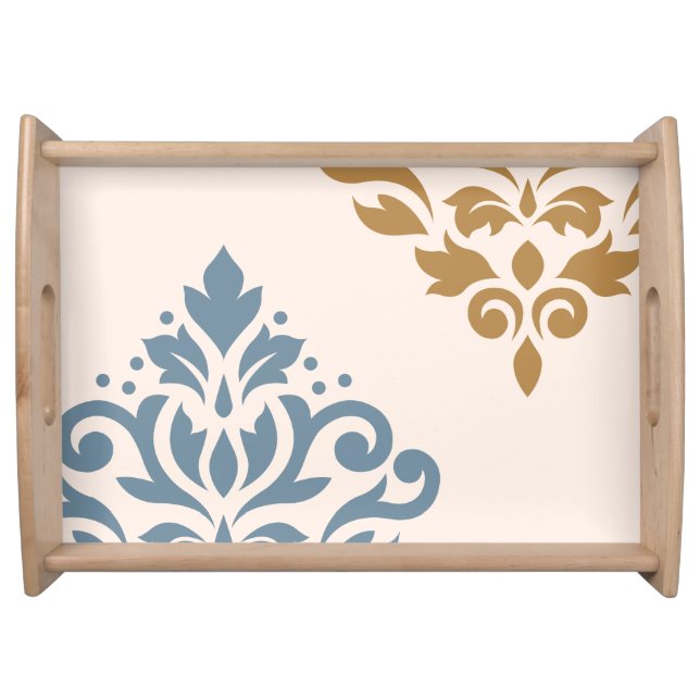Scroll Damask Art I Blue Gold Cream Serving Tray (Front)