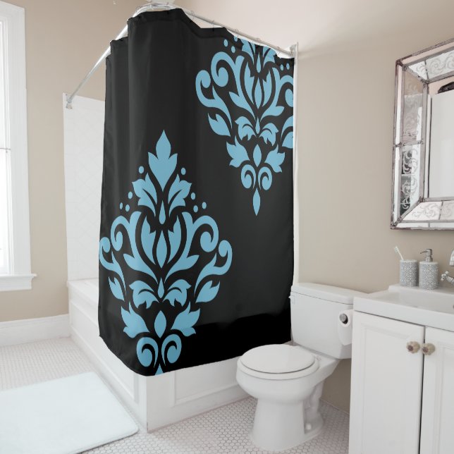 Scroll Damask Art I Blue on Black Shower Curtain (In Situ)