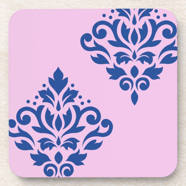 Scroll Damask Art I Blue on Pink Beverage Coaster (Front)