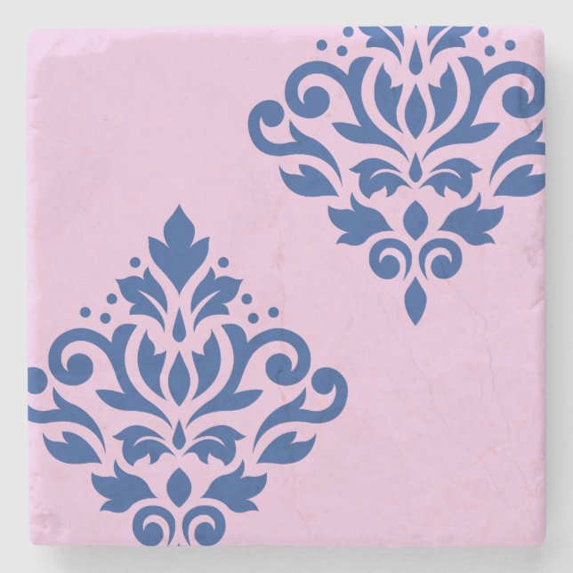 Scroll Damask Art I Blue on Pink Stone Coaster (Front)