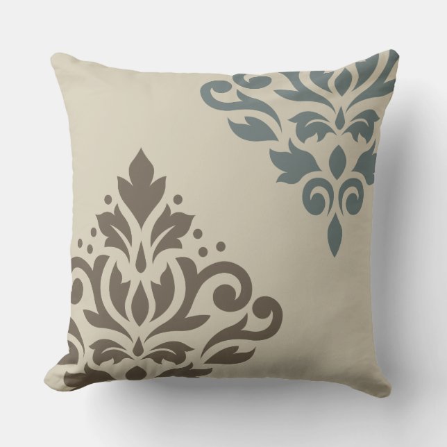 Scroll Damask Art I Brown Teal-Gray Sand Throw Pillow (Front)