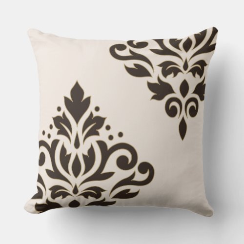 Scroll Damask Art I Brown with Gold on Cream Throw Pillow