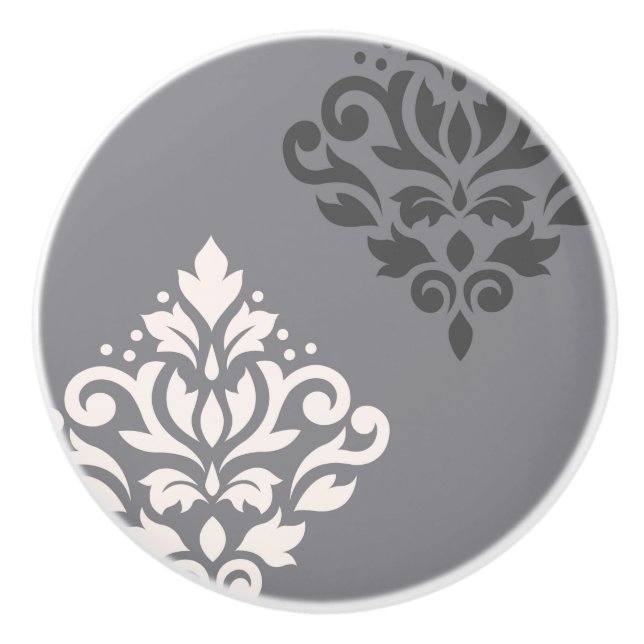 Scroll Damask Art I Cream & Grays Ceramic Knob (Front)
