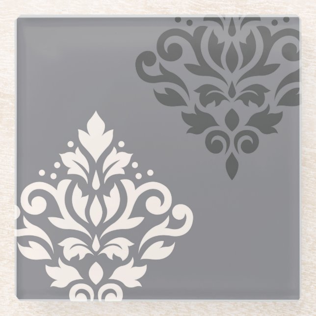 Scroll Damask Art I Cream & Grays Glass Coaster (Front)