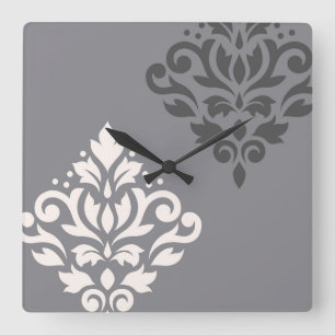 Scroll Damask Art I Cream & Grays Square Wall Clock