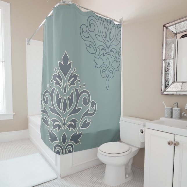 Scroll Damask Art I Cream Line Blues Teal Shower Curtain (In Situ)