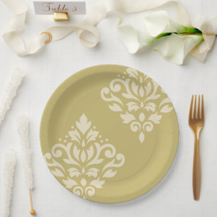 Scroll Damask Art I Cream on Gold Paper Plates