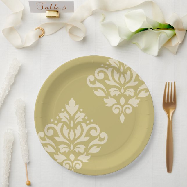 Scroll Damask Art I Cream on Gold Paper Plates (Wedding)